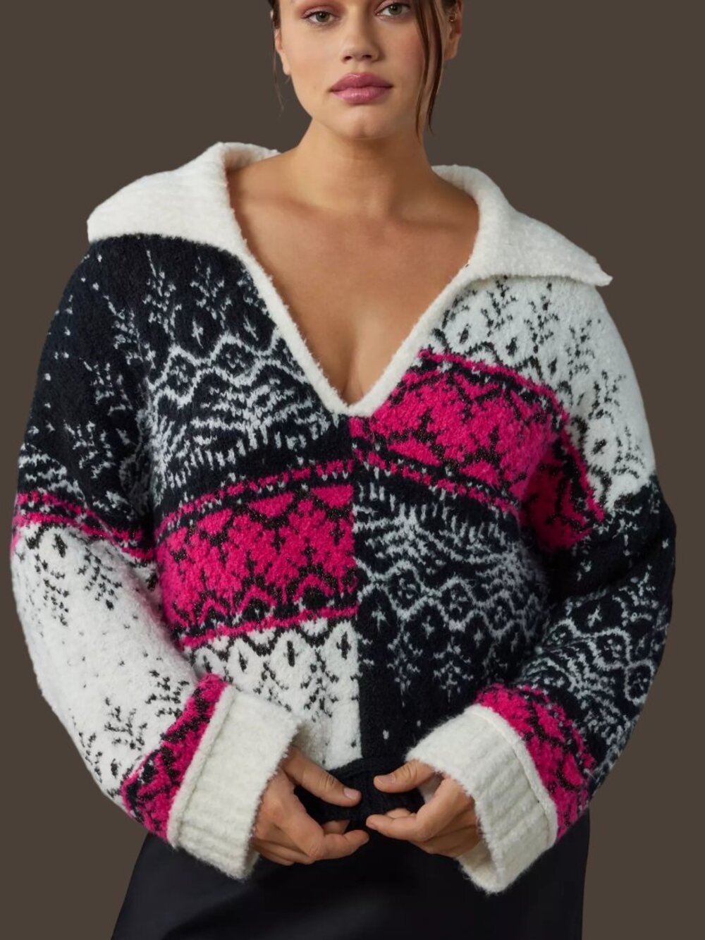 Anthropologie Pilcro V-Neck Fuzzy Printed Popover Sweater White Small